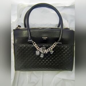 GUESS New 1981 Black Quilted Faux Leather Handbag with Charms